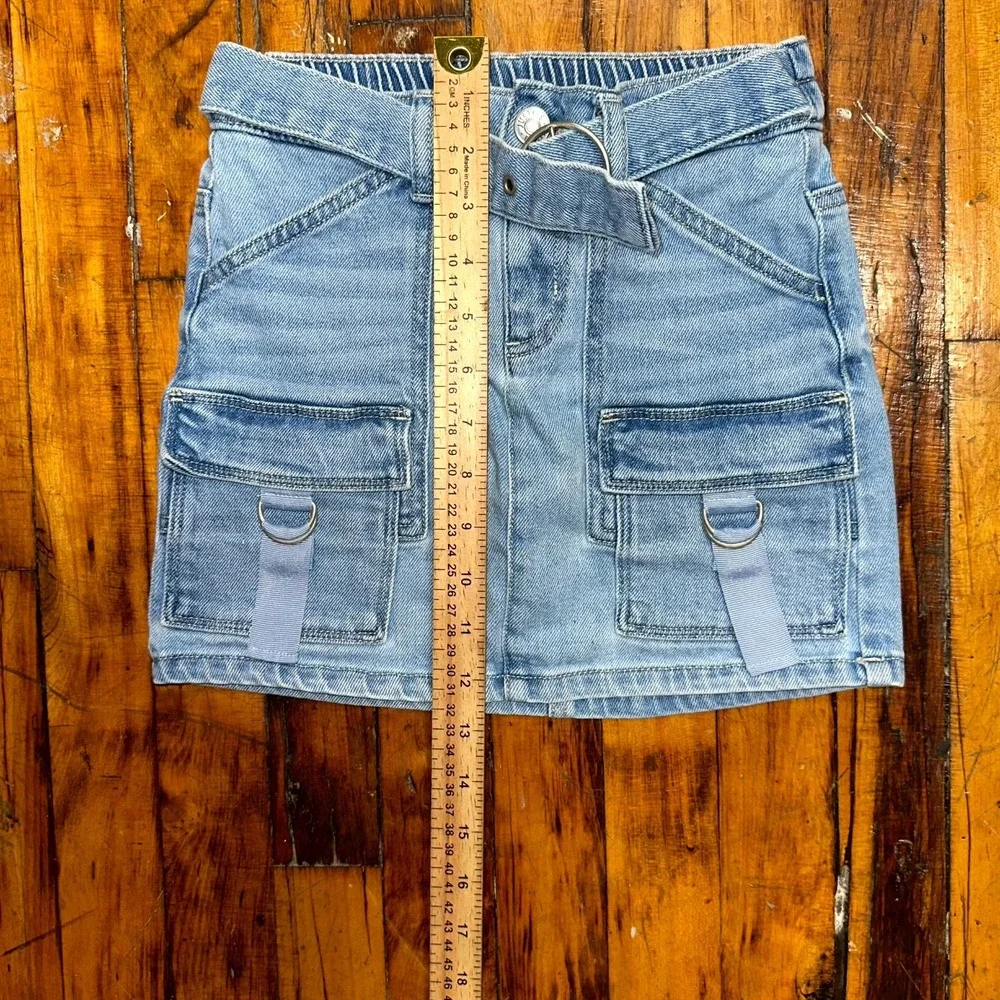 Justice Mini Skirt Girls Size 8 Blue Denim Cargo Pockets Belted Waist Utility